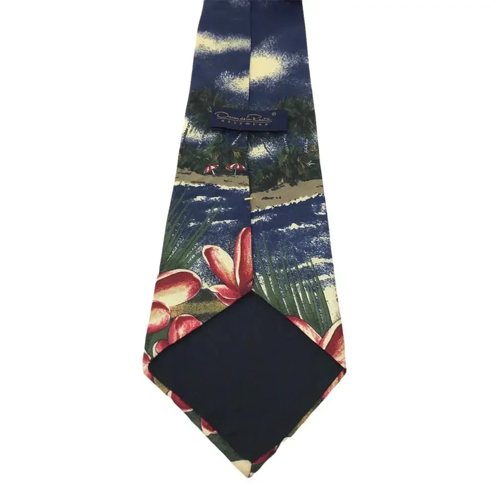 Oscar de la Renta Neckwear Silk Tie-Beach Scene, Plumeria, Boats, Palms
